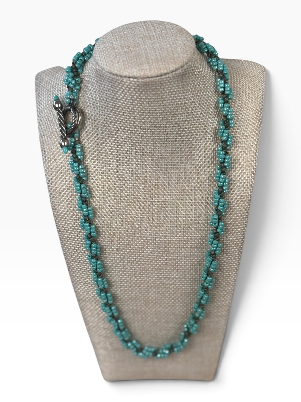 Turquoise Beaded Twisted Rope Necklace Silver Toggle 20” Boho Western